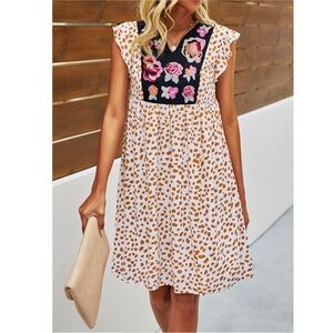 Floral Embroidered V-Neck White & Tan leopard Mini Dress